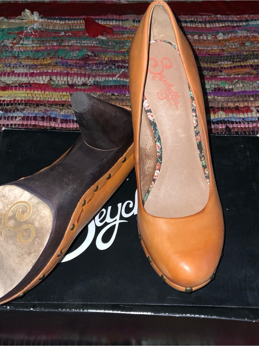 Seychelles Cognac Leather Round-Toe Studded Pumps